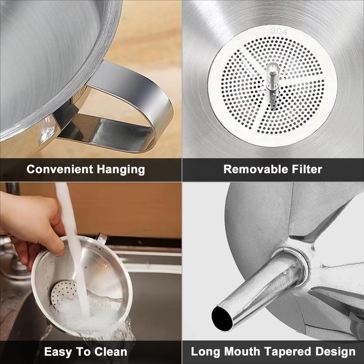 Stainless Steel Funnels for Kitchen use,5 Different Sizes of Kitchen funnels,Metal Funnel with 2 Removable Strainer,Cleaning Brush,200 Mesh Food Filter,for Transferring of Liquid,Oils,Jam