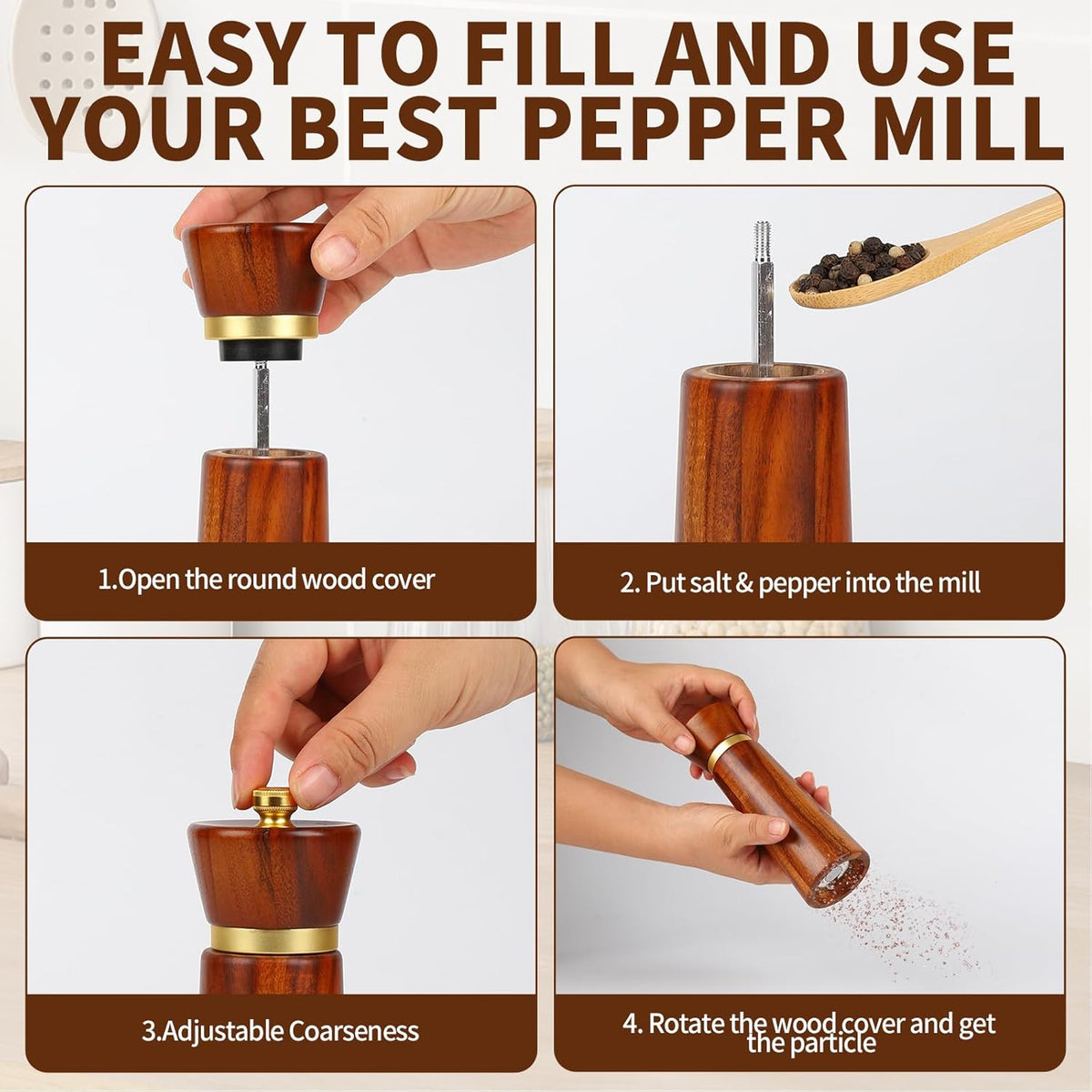 Wooden Salt and Pepper Grinder Set, Salt grinder Refillable with adjustable Coarseness, Acacia Wood pepper grinder manual, Salt and Pepper Shakers Matching Wooden tray-Ideal for Gifting
