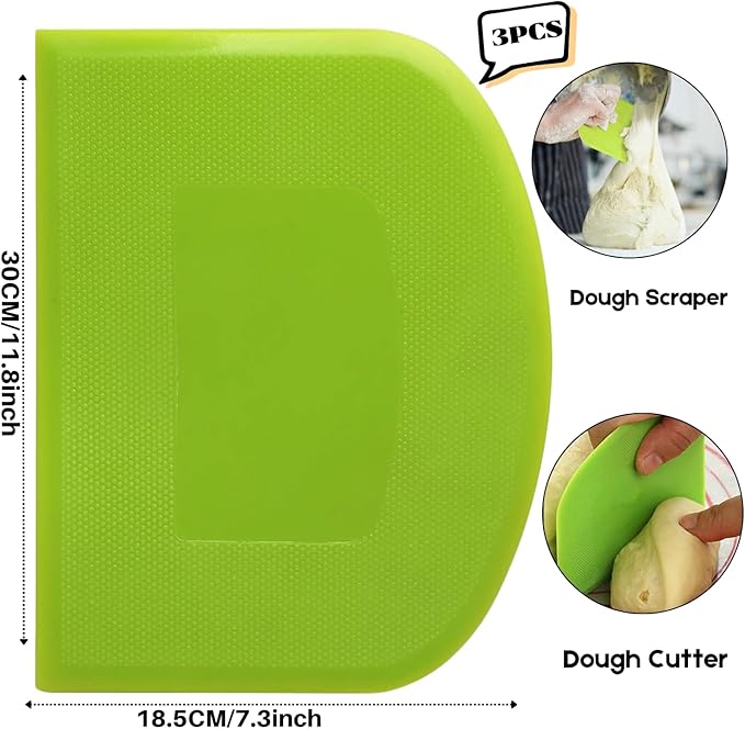 SURDOCA Dough Scraper Bench Scraper - 3P 11.8x7.3" Plastic Flexible Bowl Scraper, Sharp Edge & Angles Cake Scraper. Non-Slip Bakeware Decorating Tools Sculpting & Modeling Tools - Green+Blue+White