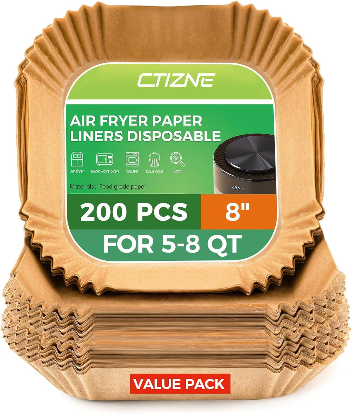Ctizne Air Fryer Liners Disposable: 200PCS 8 Inch Square Parchment Paper Liner, Non-stick Oilproof Baking Paper Sheets for 5-8 QT Airfryer Basket