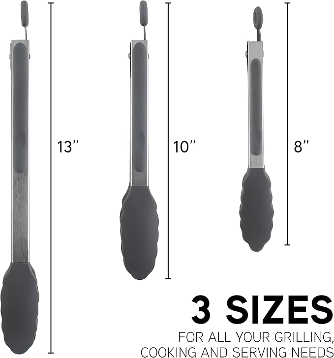 COOK WITH COLOR Stainless Steel Silicone Tipped Kitchen & BBQ Tongs Set, 3 Pc. Tongs, Black