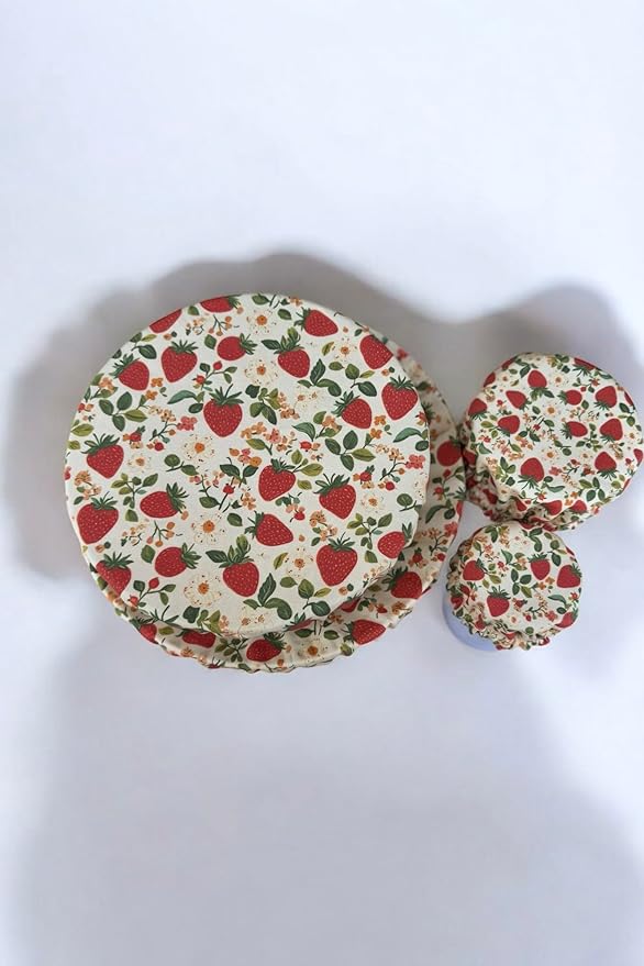 (4-Pack) Sourdough Reuseable Jar & Bowl Covers | Cute Baking Gift | 100% Cotton | Washable | Bread Proofing | Kitchen Food Storage Gifting | Starter Cover Lid Kit (Strawberry)