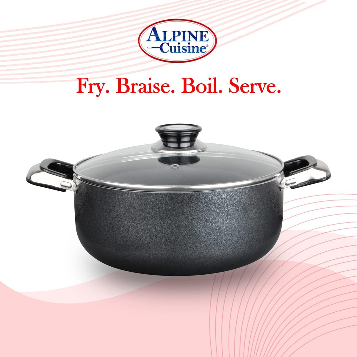 Alpine Cuisine 4 Quart Non-stick Stock Pot with Tempered Glass Lid and Carrying Handles, Multi-Purpose Cookware Aluminum Dutch Oven for Braising, Boiling, Stewing