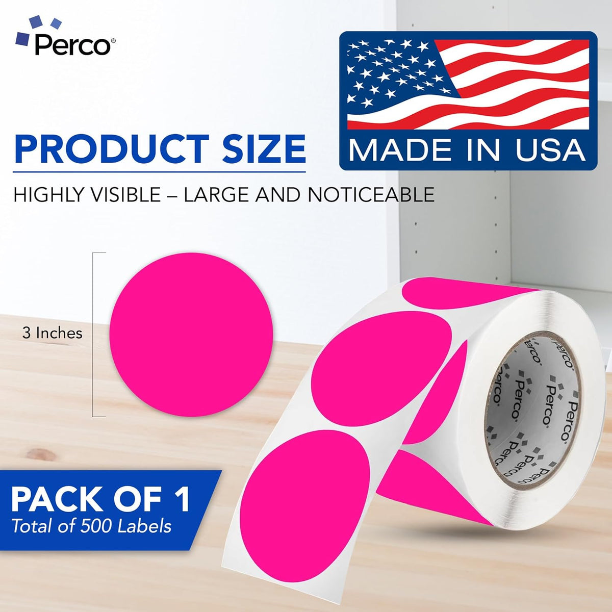 Perco Fluorescent Pink 3-Inch Round Circle Dot Sticker Labels with Easy Peel Perforation - 500 Labels per Roll - Strong Adhesion, Vibrant Colors for Organizing, Crafting & More - Made in USA