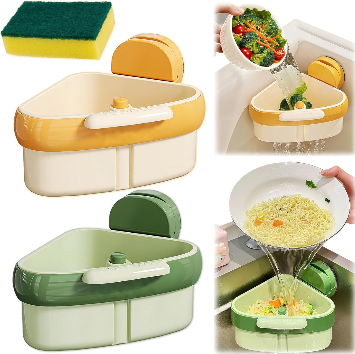 2PCS Suction Cup Sink Corner Racks, Corner Sink Strainer, Sink Corner Rack Strainer with Automatic Press-To-Dump Design, Sink Strainer Basket with Duty Dish Sponge, Multifunctional Food Waste Catcher.