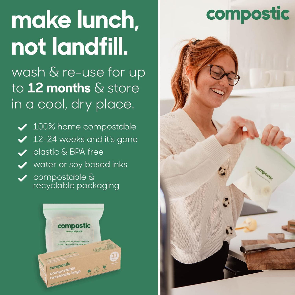 Compostic Home Compostable Resealable Sandwich Bags (7"x7"), Microwave & Freezer Safe, Organic Food Storage Container, 100 Count (Pack of 2)