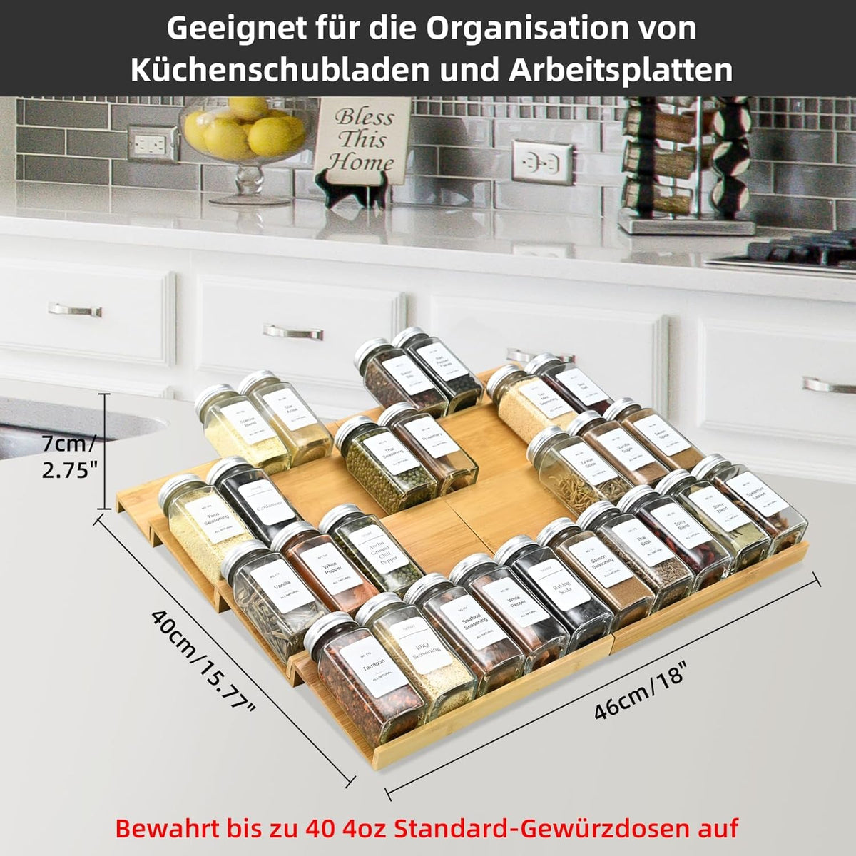 Spice Drawer Organzier,4 Tiers- 8Pcs Bamboo Spice Rack Tray Insert for Cabinet Drawer Countertop, Kitchen Seasoning Storage Drawer Organization,18" Wide x 15.8" Deep （Hold UP To 40 Jars