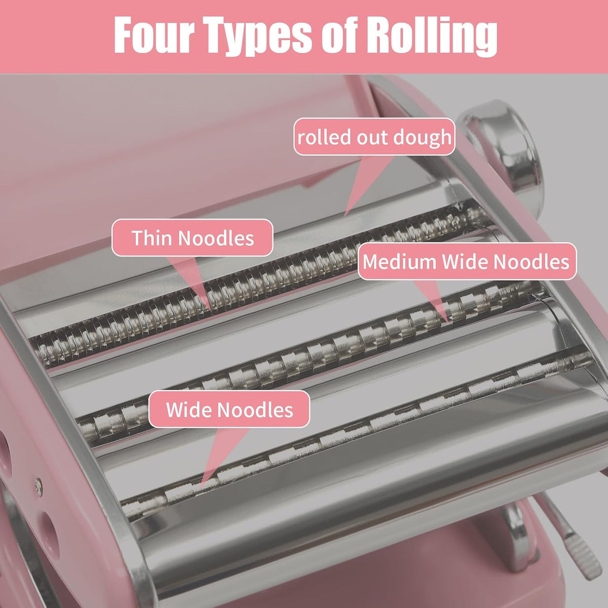 Pasta Maker Machine-6 Adjustable Thickness Settings, Adjustable Clamp, stainless steel Construction for Spaghetti, Fettuccini, Lasagna, Dumpling Skins (Pink pasta maker)