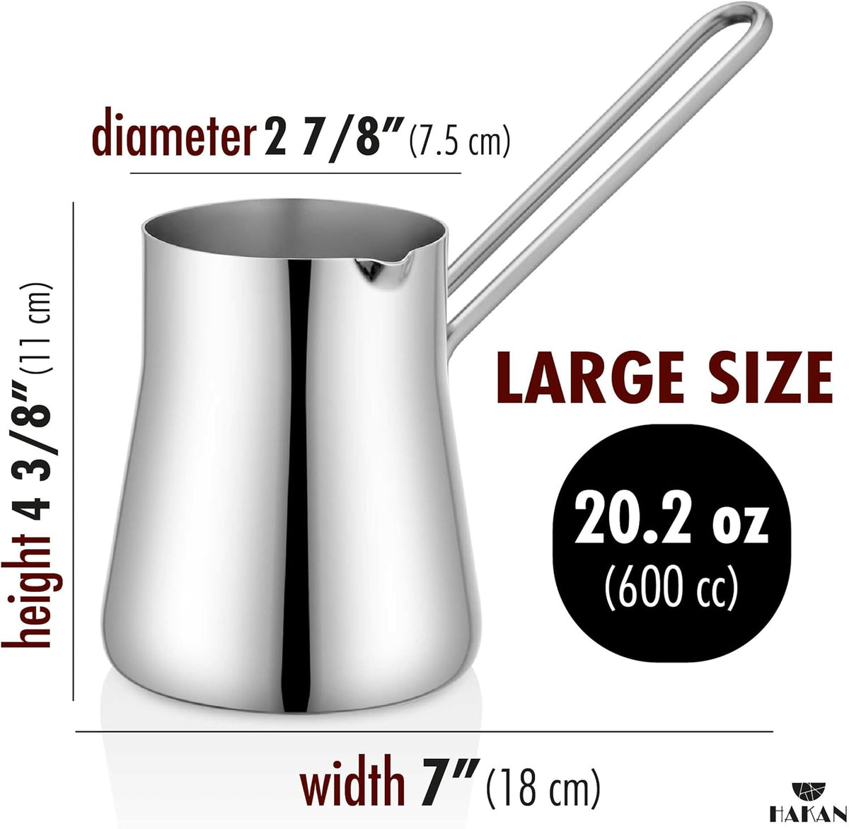 Hakan Topkapı Stainless Steel Turkish Coffee Pot, Greek Arabic Coffee Maker with Spout, Stove Top Coffee Maker in Box, Milk Warmer with Handle, Chai Pot Cezve, Ibrik, Briki (Large - 20.2 oz)