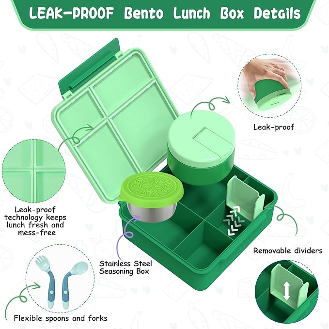 Kids Bento Lunch Box with 8oz Soup Thermo, Kids Leakproof Lunch Food Containers with 4 Compartment,Insulated Hot Food Jar with Lunch Bag for School, Travel (Green)