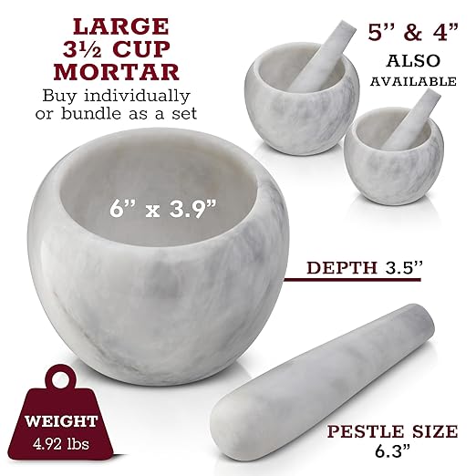 Gusto Nostro Natural Marble Mortar and Pestle Set | 6 Inch - 3.5 Cup Extra Large Mortar Pestle Set for Grinding Herbs, Nuts, Grains | Pesto Grinding and Guacamole Stone Bowl | Marble Spice Crusher
