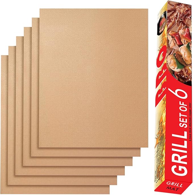 Renook Grill Mats for Outdoor Grill, Set of 6 Copper Grill Mat, Non-Stick and Reusable BBQ Copper Sheets for Gas Grilling Charcoal Electric Barbecue Cooking Accessories, PFOA Free, 15.75 X 13in
