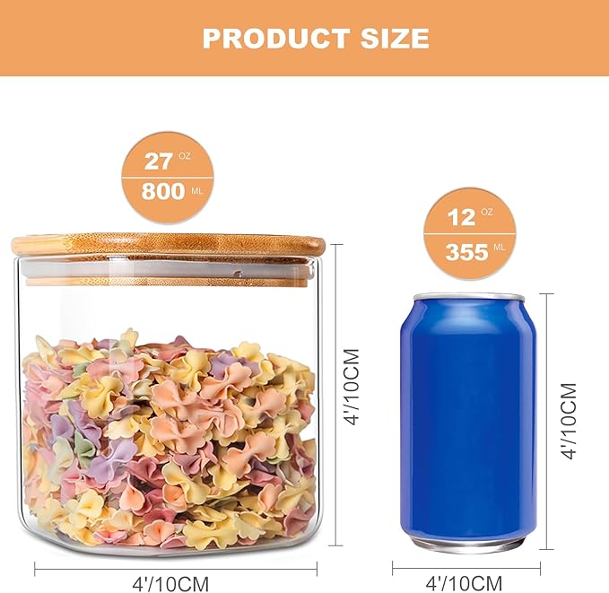 YUNCANG Glass Storage Jars 27oz [Set of 6],Clear Glass Food Storage Containers with Airtight Bamboo Lid Stackable Kitchen Canisters for Candy,Cookie,Rice,Sugar,Flour,Pasta(Square)