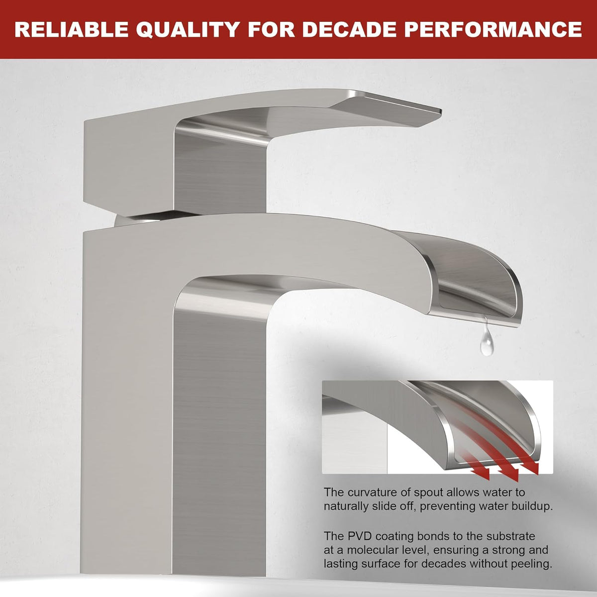 Brushed Nickel Bathroom Faucet Waterfall, Vanity Faucet Brass for Sink 1 Hole Single Handle Modern Mixer Tap with Pop-up Drain Stopper for Lavatory Farmhouse RV