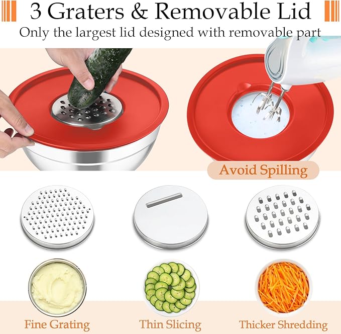 TeamFar Mixing Bowls, Stainless Steel Nesting Salad Bowls with Lids Set & 3 Grater Attachments, For Mixing/Serving/Storing, Non-toxic & Long-lasting, Size 4.6/3 / 1.5 QT, Colorful
