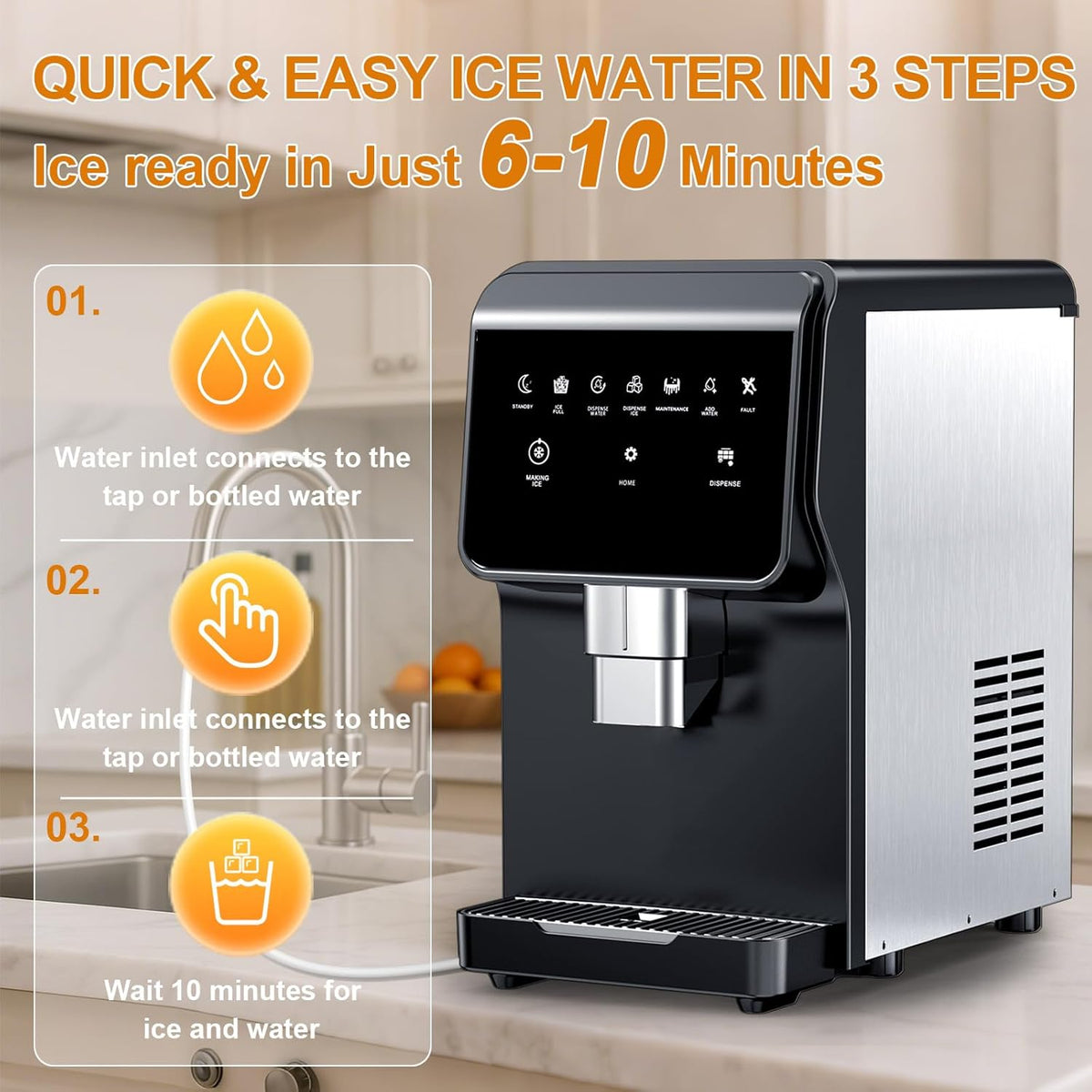 15" Wide Commercial Under Counter Ice Maker – 120 lbs/Day, 25 lb Storage Bin, Auto-Cleaning & 24H Timer, Gravity Drain, Built-in or Freestanding Stainless Steel Ice Machine for Home & Business