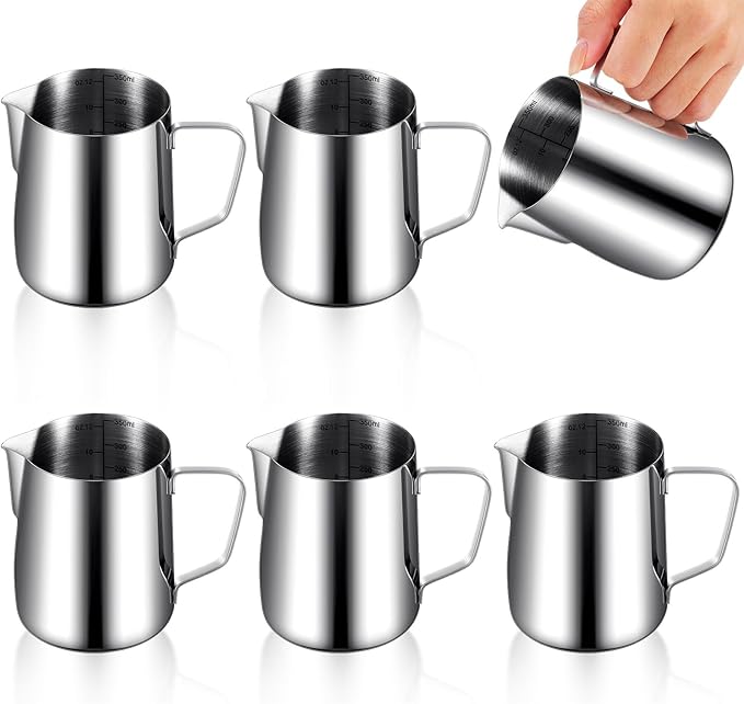 Dandat 6 Pcs Milk Frothing Pitcher Espresso Steaming Pitchers 12 Oz Stainless Steel Milk Steamer Cup Frother Jug for Espresso, Latte Art, Chai Cappuccino Hot Chocolate