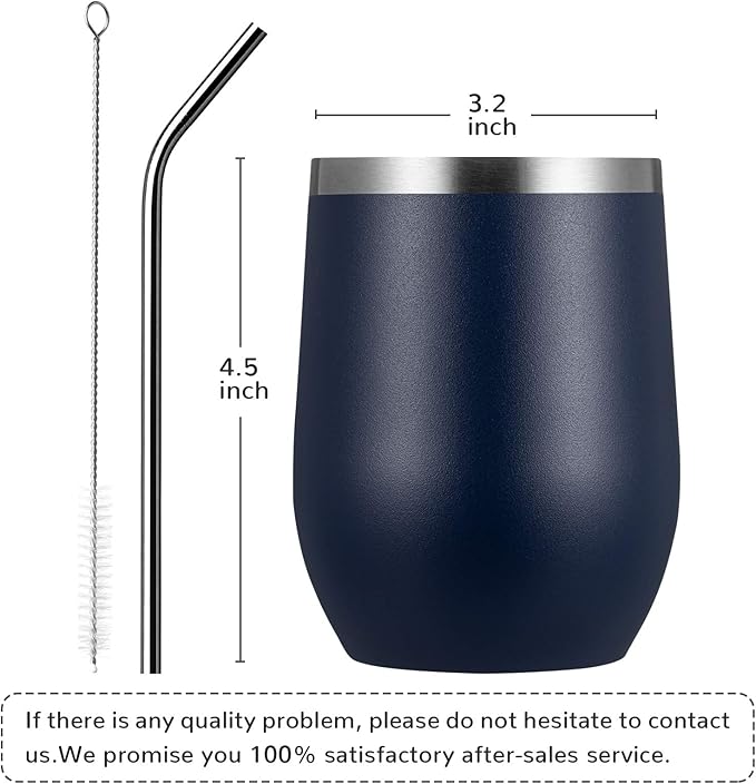 MEWAY 12oz/8 Pack Wine Tumbler Glasses with Lid - Stemless Double Wall Vacuum Stainless Steel Travel Tumbler - Keeping Cold & Hot for Wine,Coffee,Cocktails,Drinks-Family and Gifts (Navy,Set of 8)