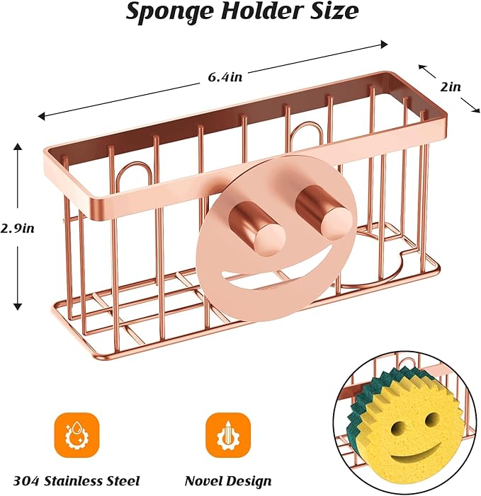 Sponge Holder Smiley Face,Sink Caddy for Kitchen Sink,Sponge Holder with 2 PCS Suction Cups/1 PCS Adhesive Strips,Designed for Sponge,Soap,Dish Brush,Scrubber-Rose Gold