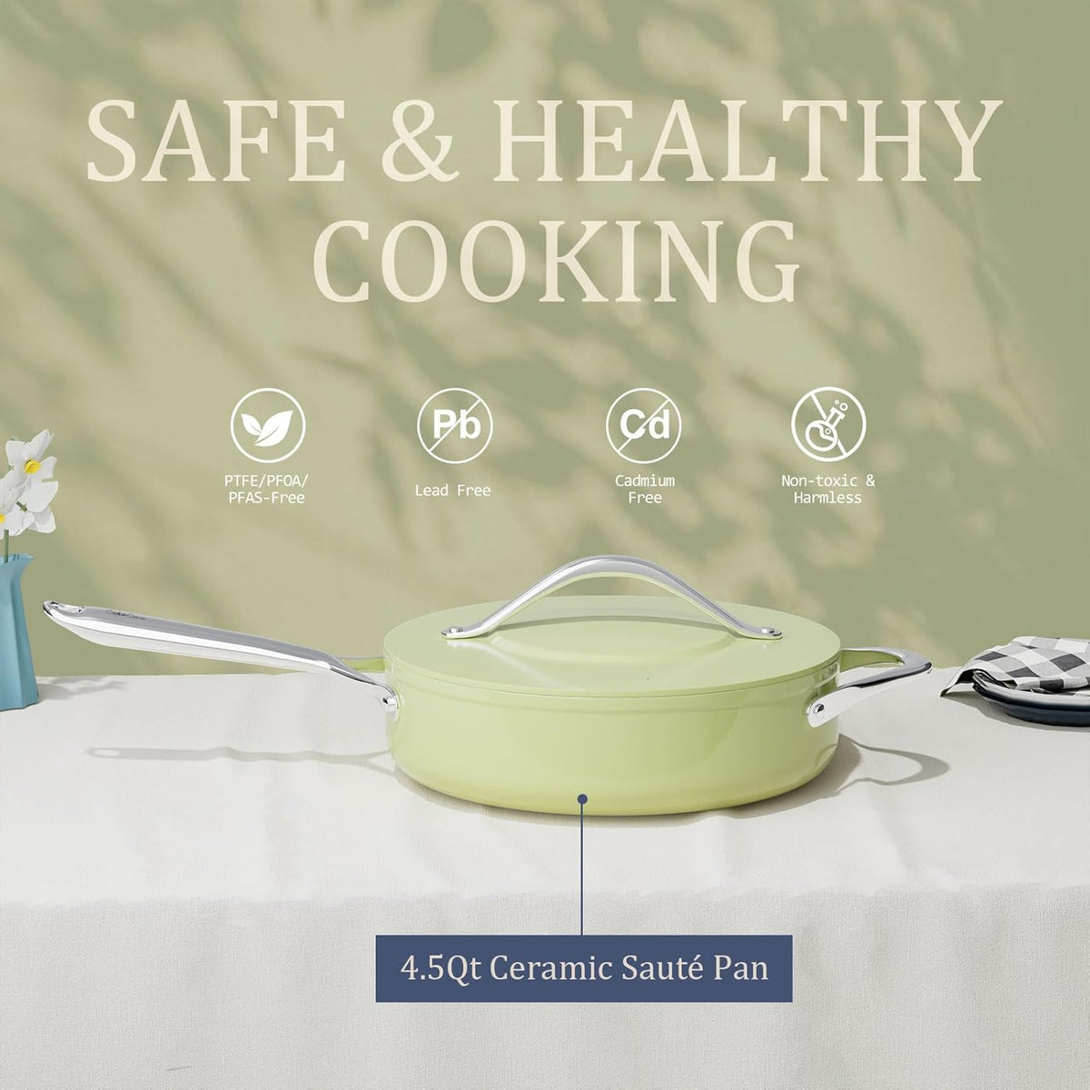 Nonstick Ceramic Sauté Pan with Lid (4.5 qt, 11"), Deep Frying Pan for All Cooktops - Non Toxic, PTFE/PFAS Free, Dishwasher & Oven Safe up to 500°F - with Stay Cool Handle - Avocado Green