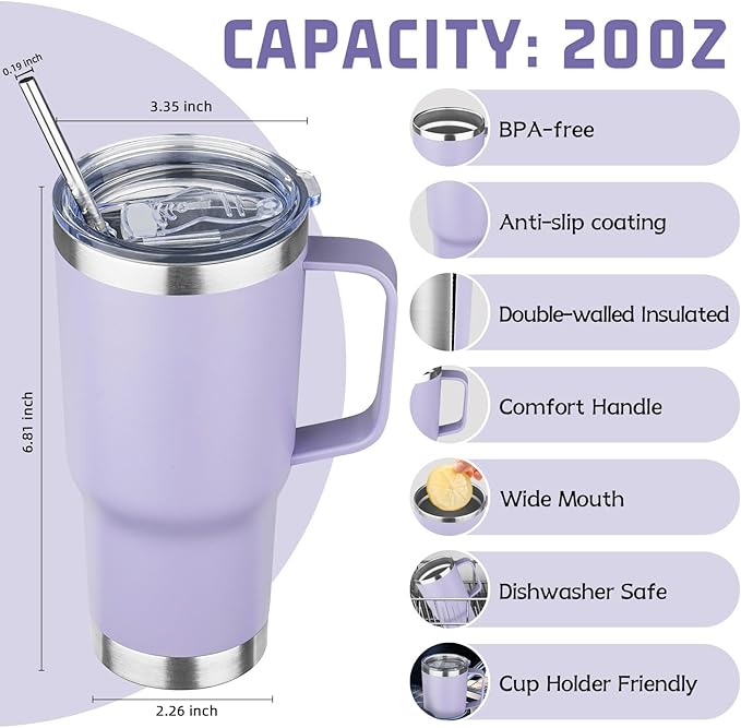20 oz Tumbler with Handle Stainless Steel Insulated Coffee Mug Tumbler with Lid and Straw Double Wall Vacuum Insulated Coffee Mug Leak Proof Travel Mug Tumbler for Hot and Cold Drink (Mix Color-4)