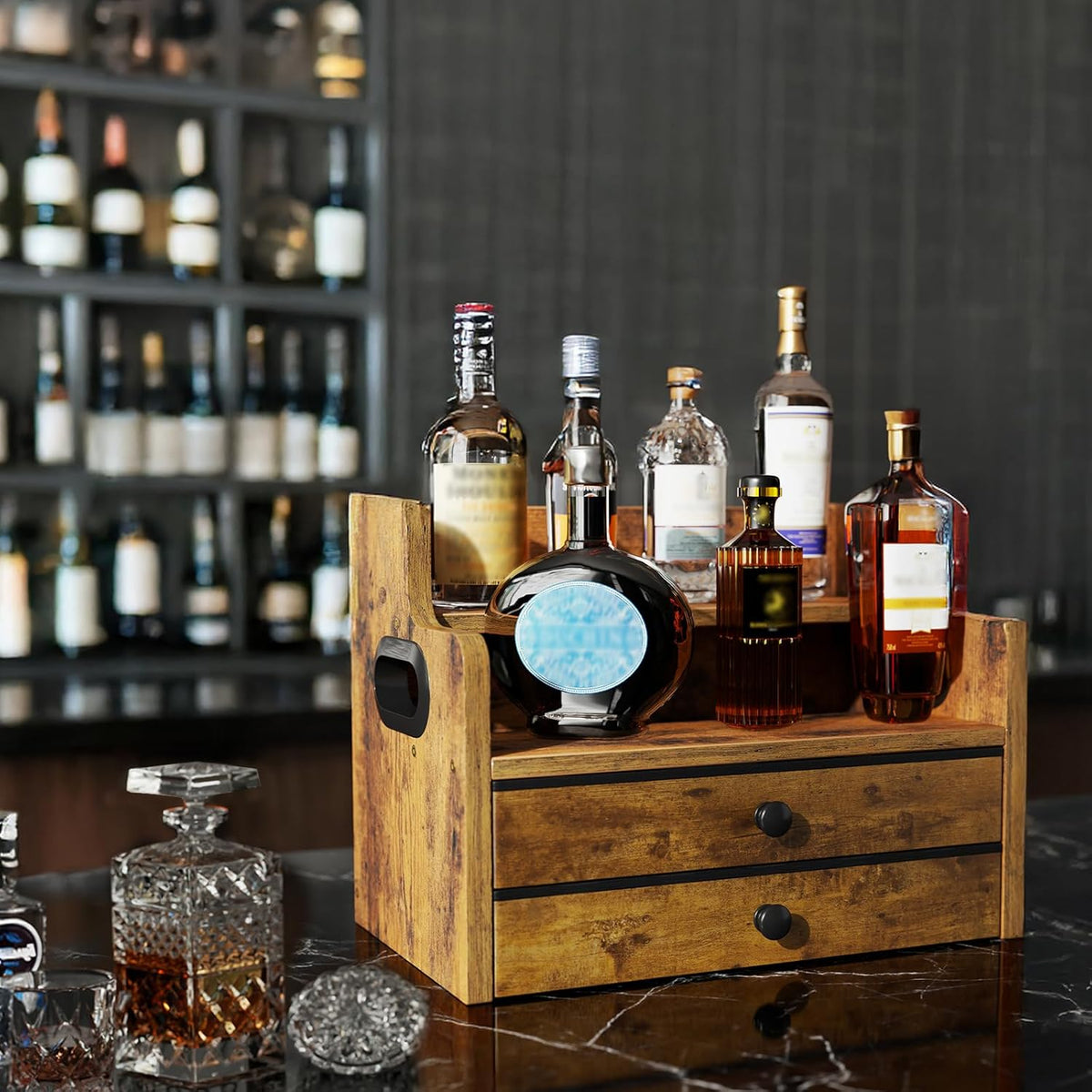 Wood Coffee Syrup Rack Organizer, 4 Tier Coffee Station Organizer with Drawers, Liquor Bottle Display Shelf for Coffee Bar Countertop