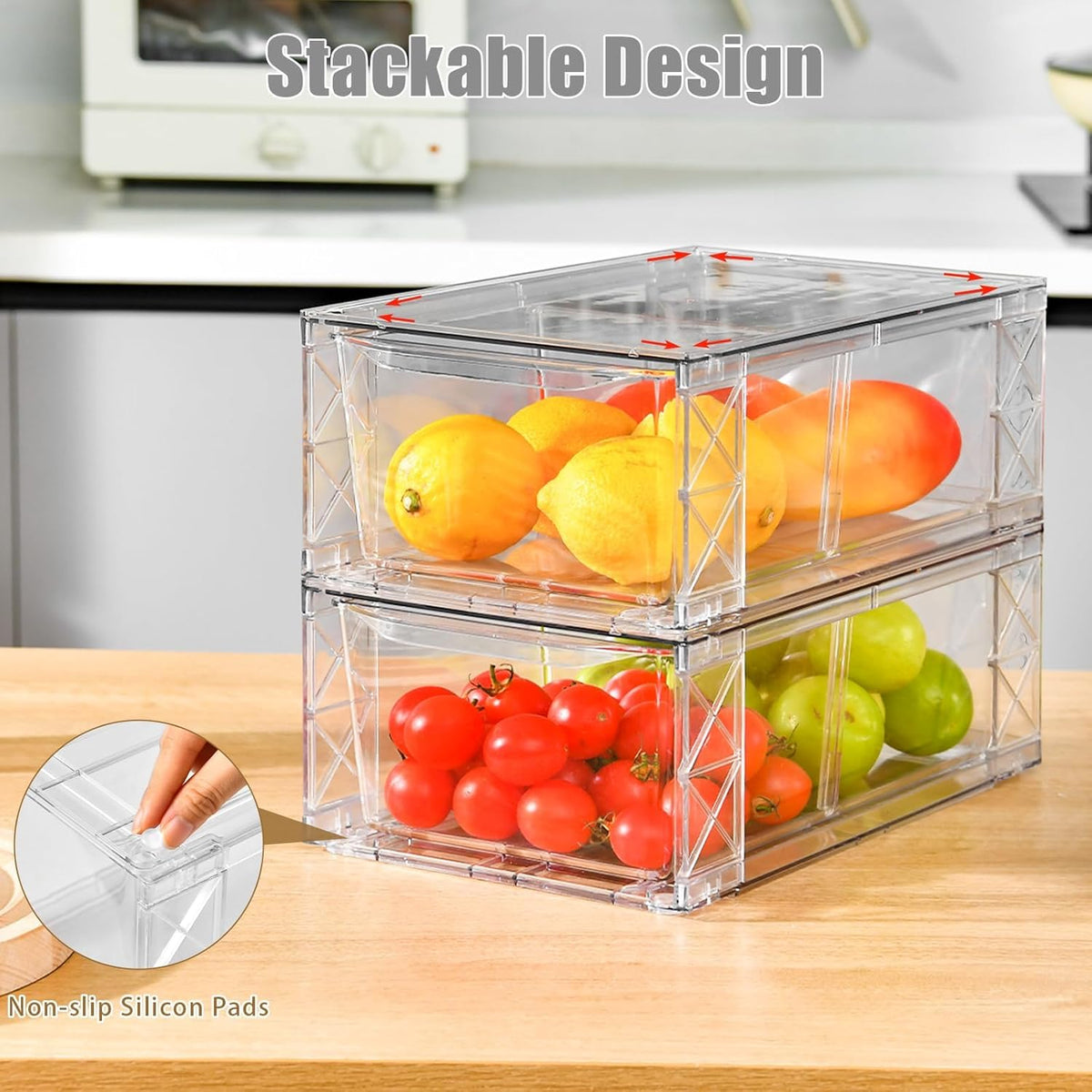 6Pack Pantry Organizers and Storage,Clear Stackable Kitchen Storage Organizer,Foods Organizer Bins with Handles, Easily Assemble for Bathroom, Kitchen, Refrigerator, Pantry, Cabinet, Closet