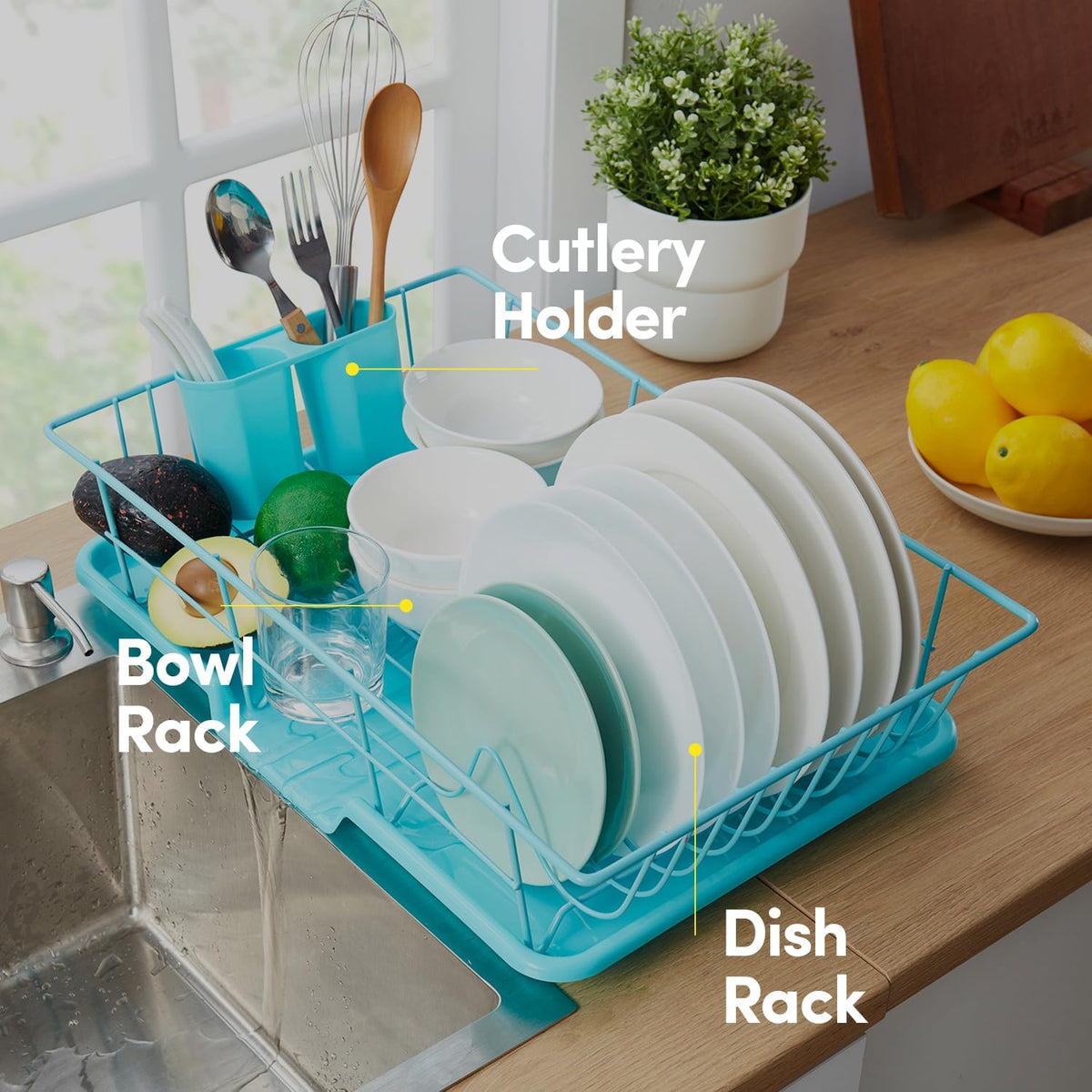 Space-Saving 3-Piece Dish Drainer Rack Set: Efficient Kitchen Organizer for Quick Drying and Storage - Includes Cutlery Holder and Drainboard - Maximize Countertop Space, Turquoise Blue