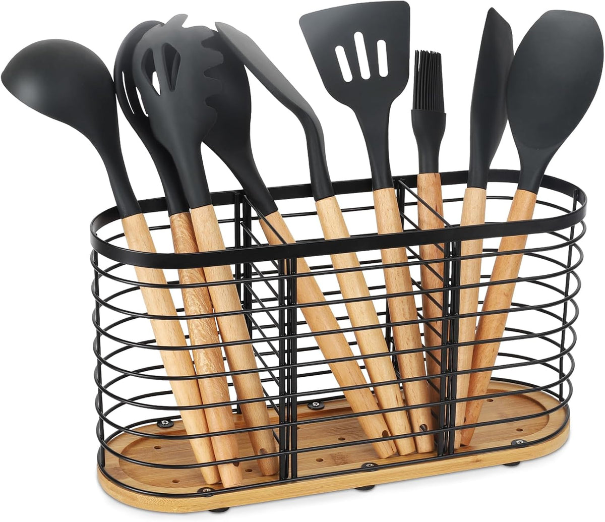 Utensil holder for Kitchen Counter- Large Utensils Holder For Farmhouse Cooking 13.5" x 4.3" x 6.9" with Wooden Base Matte Black Cooking Utensil Holder Spatula Holder Utensil Caddy