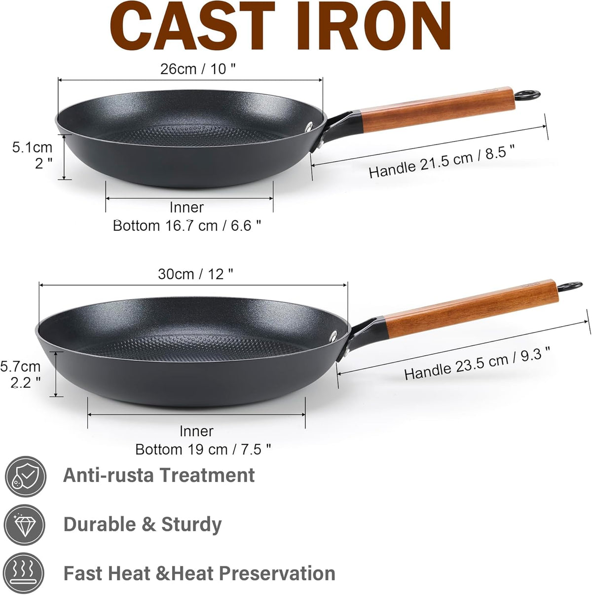 DM Cast Iron Skillet, 2 Piece Nonstick Frying Pan Set, 10 and 12 Inch with Detachable Acacia Wooden Handle, Honeycomb Non stick Omelet Egg Pan, Easy Clean Oven Safe Pans for Cooking