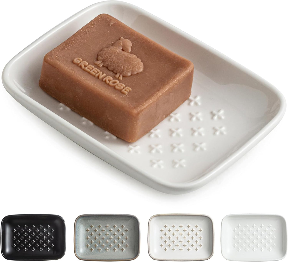 Gomakren Soap Dish, Shower Soap Holder, Ceramic Soap Dishes for Bar Soap Sponge Shampoo, Soap Saver Tray for Bathroom Kitchen Sink Counter, 5.5 Inch, White