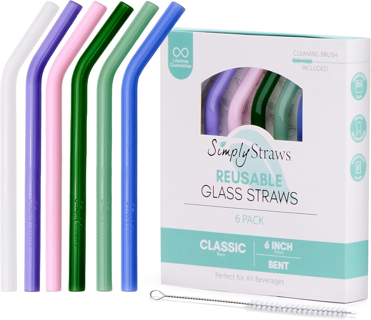 Simply Straws 6 Inch Glass Straws Bent (6-Pack) – Reusable Glass Straws for Low Balls & Stemless Glasses, with Cleaning Brush – Dishwasher Safe, Hot & Cold Use, BPA-Free (Cote d'Azur)