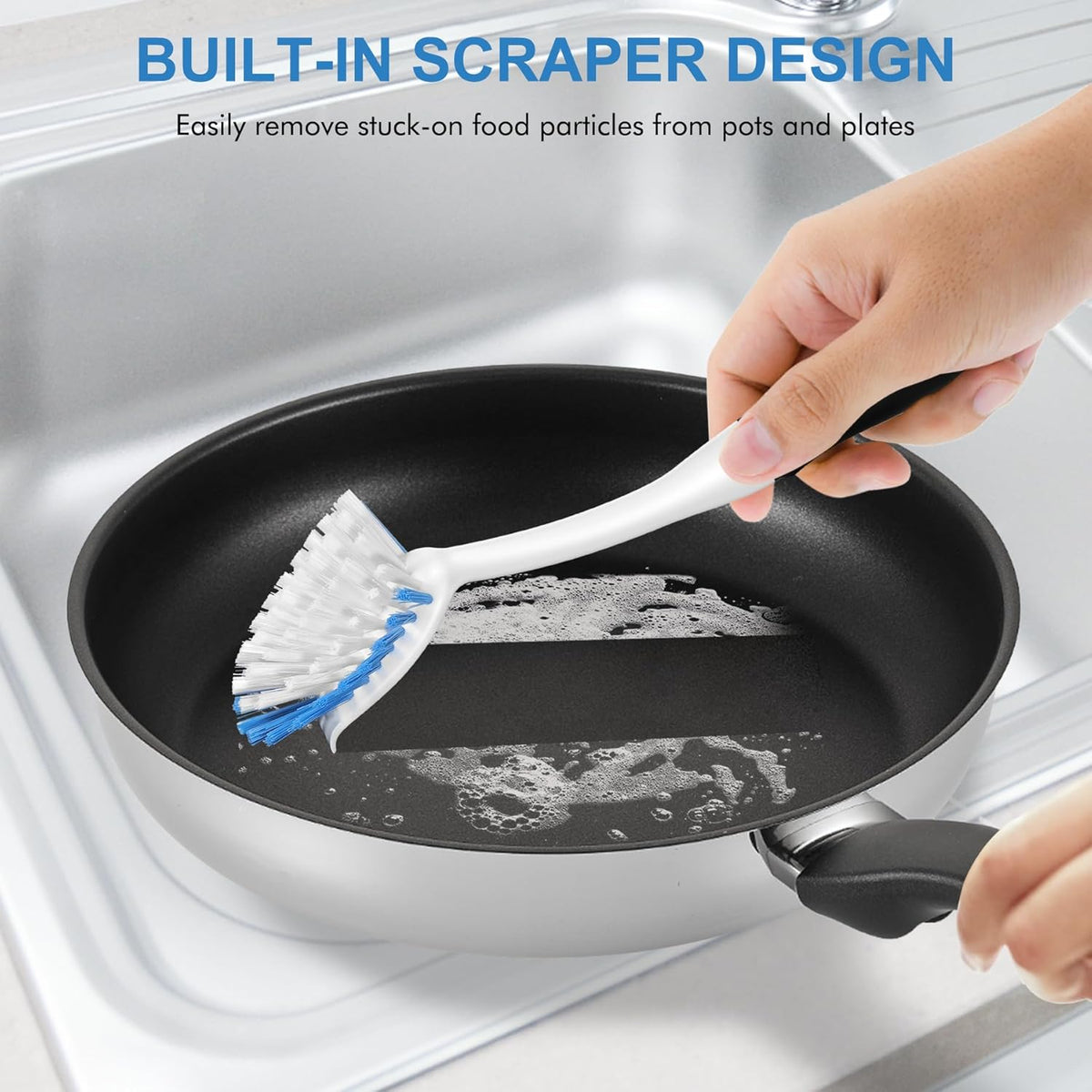 SetSail Dish Brush with Handle, 2 Pack Stiff Bristles Dish Scrubber with Built-in Scraper Dish Scrub Brushes for Cleaning Dishes, Pots and Pans, Kitchen Sink, 3 Pack, Black Blue