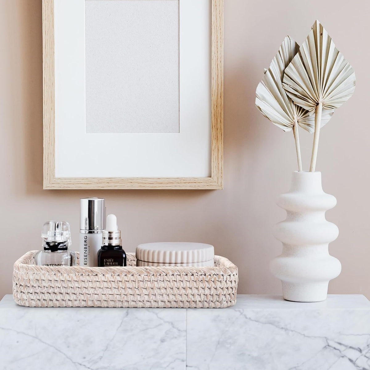Rattan Bathroom Vanity Tray, Toilet Tank Tray, Toilet Basket Tank Topper, Bathroom Basket for Organizing and Decor (Whitewash, 10.2" x 4.9" x 1.6")
