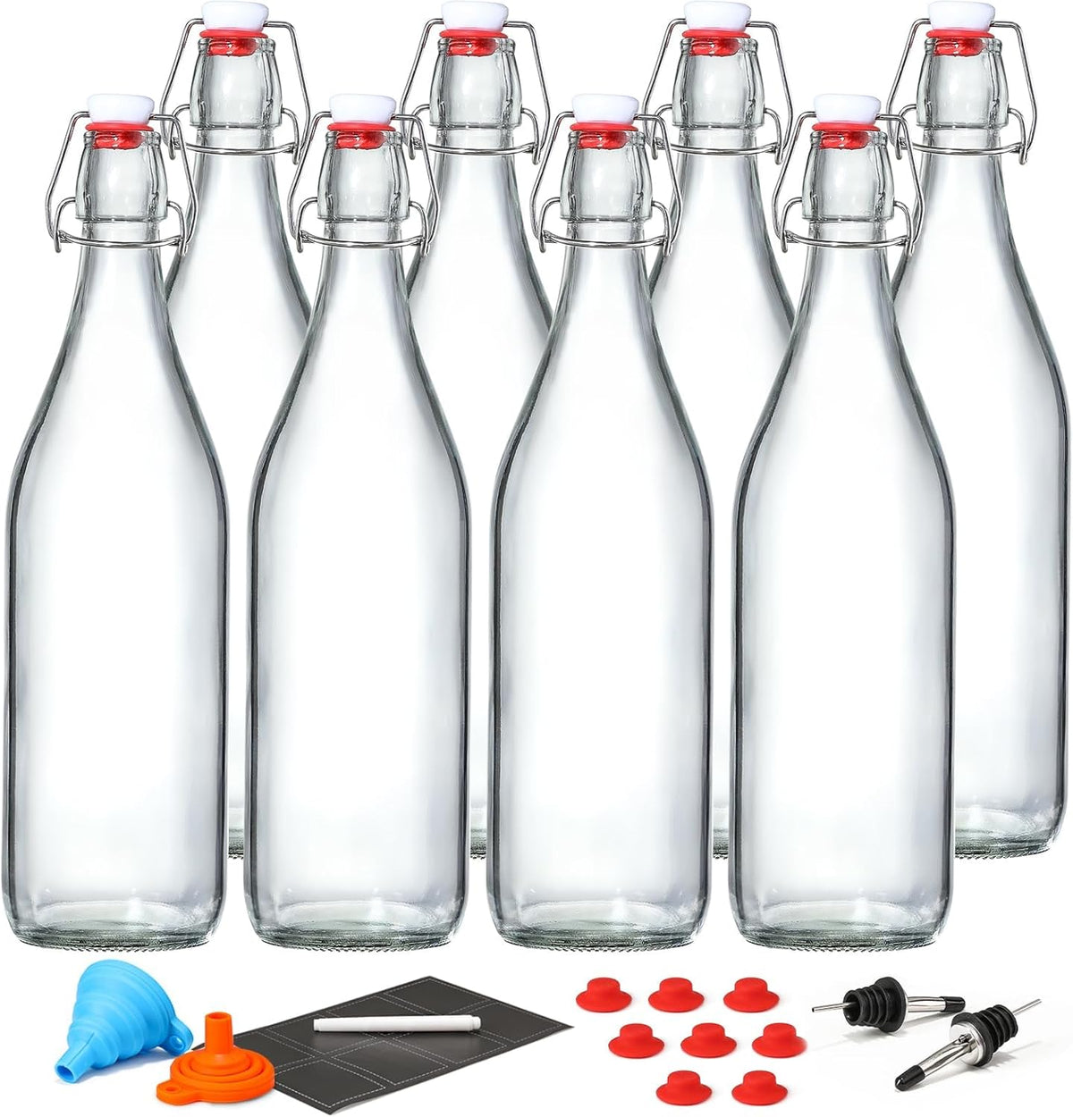 8 Pack [1 L / 33 fl. oz.] Swing Top Glass Bottles w/Airtight Stopper Lids – Flip Top Brewing Bottle for Fermentation, Kombucha, Mead, Vinegar, Beer, Kefir, Wine, Soda – With 8 Extra Seals & 2 Pourers