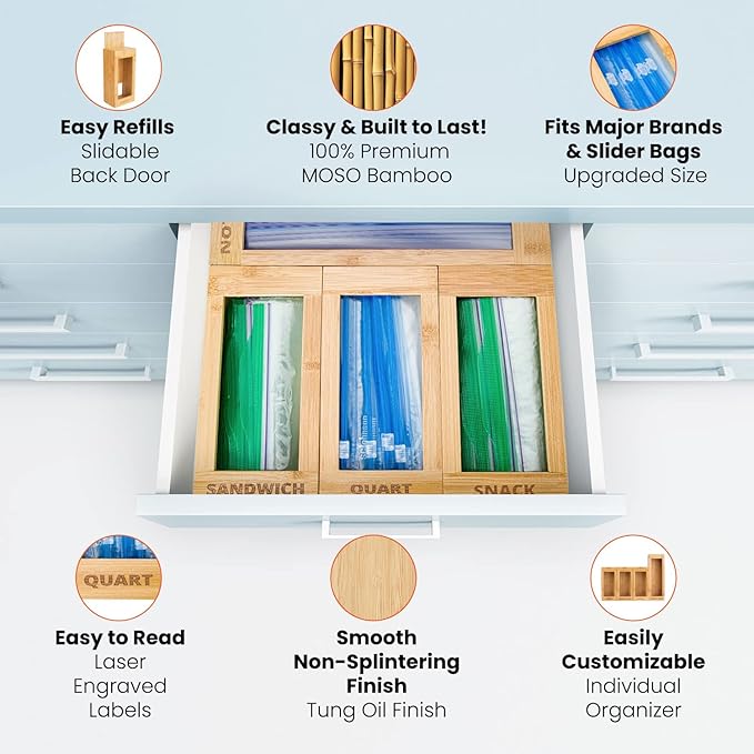 mHomeAid Bag Storage Organizer - Bamboo Food Plastic Baggie Holder, Dispenser, and Container for Kitchen Drawer - Fits Ziplock and Ziploc Gallon, Quart, Sandwich & Snack Sized Slider Bags (Bamboo)