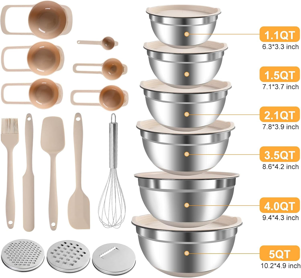 Mixing Bowls with Airtight Lids Set, 20 PCS Kitchen Gadgets Set, 6 Stainless Steel Bowls,3 Grater Attachments,Non-Slip Silicone Bottoms,Great for Serving&Baking,Size 5, 4, 3.5, 2.1, 1.5, 1.1QT (Khaki)