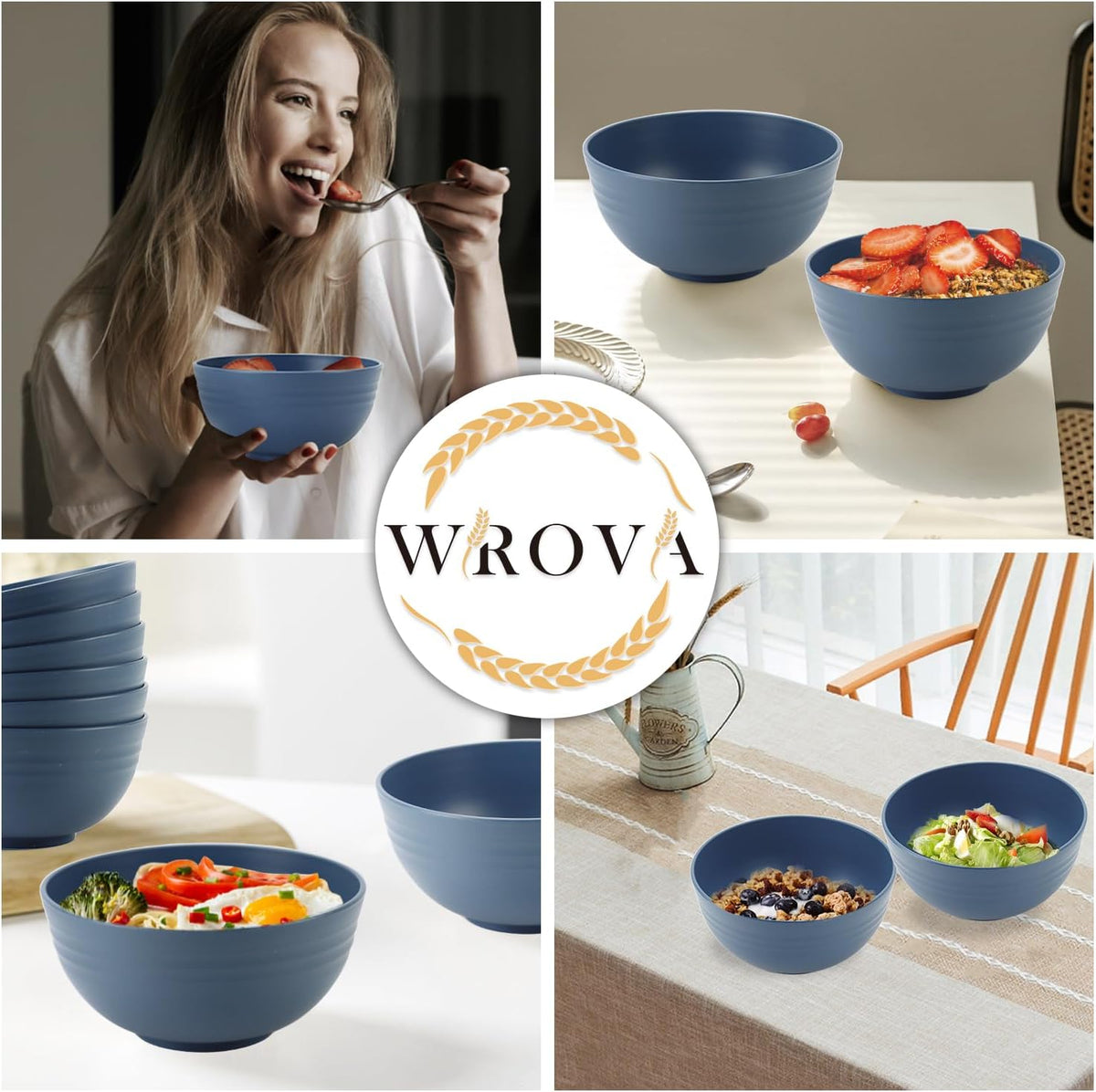 Wheat Straw Bowl Sets,8 PCS Unbreakable Cereal Bowls 26 OZ,Microwave and Dishwasher Safe Bowls,Kitchen Bowl suitable for cereal,salad,snack and soup (Navy Blue)