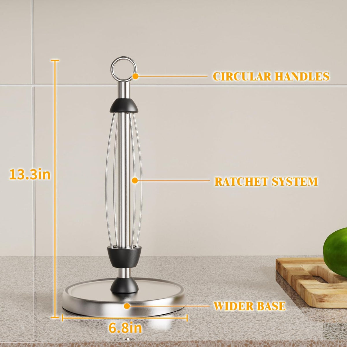 HZE Paper Towel Holder Countertop, One-Handed Tear, Stainless Steel, Weighted Base, Silver, Ring Paper Towel Holder Stand with Ratchet System for Kitchen Farmhouse Essentials Decor Accessories