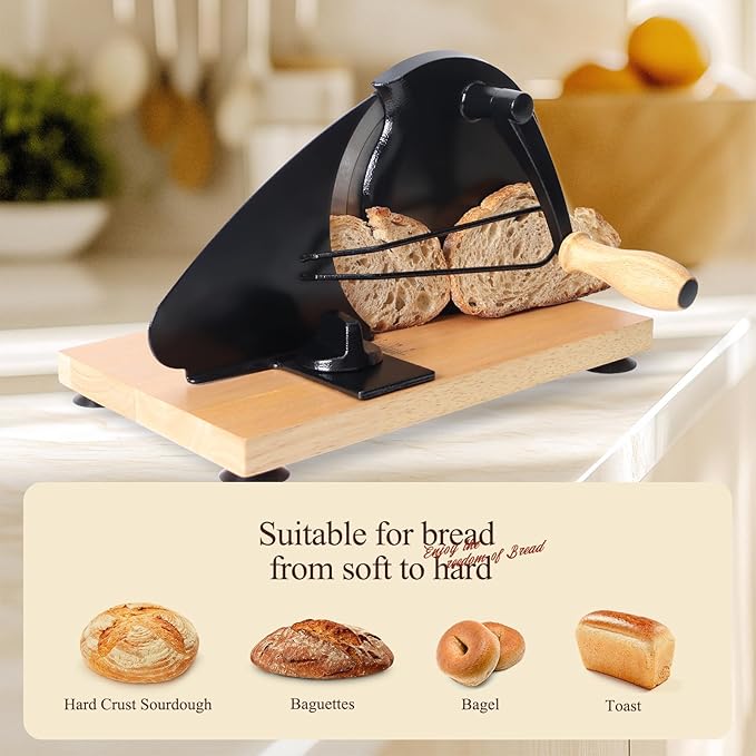 Manual Bread Slicer for Homemade Bread,Even Slicing Thickness-Adjustable Slices,Sourdough Slicer with Scale Lines&SuperStrong SuctionCup Fixation (Black-Guide)