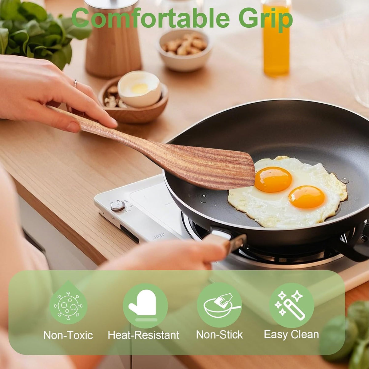 2 Pack Wooden Spatula, Acacia Wood Long Handle Flat Frying Turner, Handmade wooden spoons for cooking, Kitchen Utensil set, Non-Stick Cooking Spurtle Utensils for kitchen use