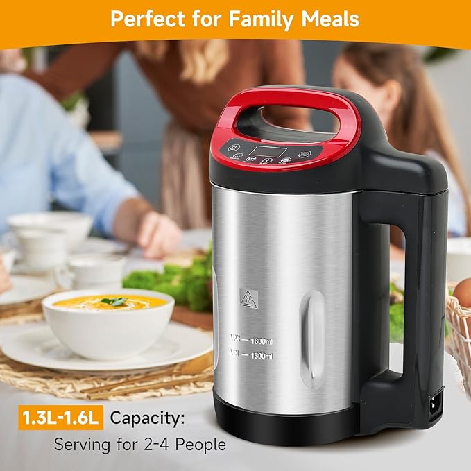 Homtone 1.6L Soup Maker Machine, Stainless Steel Soup Maker Blender with Smooth & Chunky Settings, Anti-Dry Burn, Overfill Sensors, Ideal for Quick Soups, Baby Food