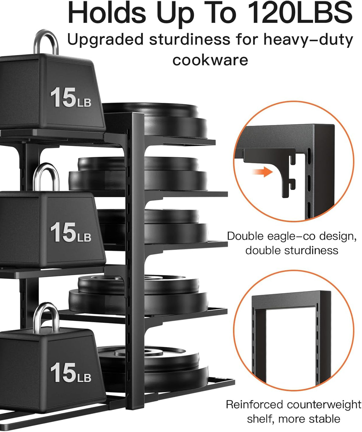 ORDORA Pots and Pans Organizer Rack for Cabinet, 15.83" Height 8-Tier Heavy Duty 120LBS Pot Pan Organizer under Cabinet Adjustable for Dutch Oven, Cast-iron Pan, Heavy Skillets Griddles, Shallow Pot