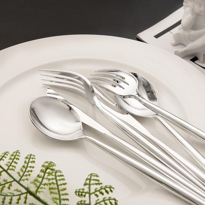 Rubtlamp 180 Pcs Silver Plastic Silverware, Silver Utensils Heavy Duty, Elegant Plastic Cutlery, Fancy Disposable Flatware, Forks Spoons and Knives Set For Party Mother's Day