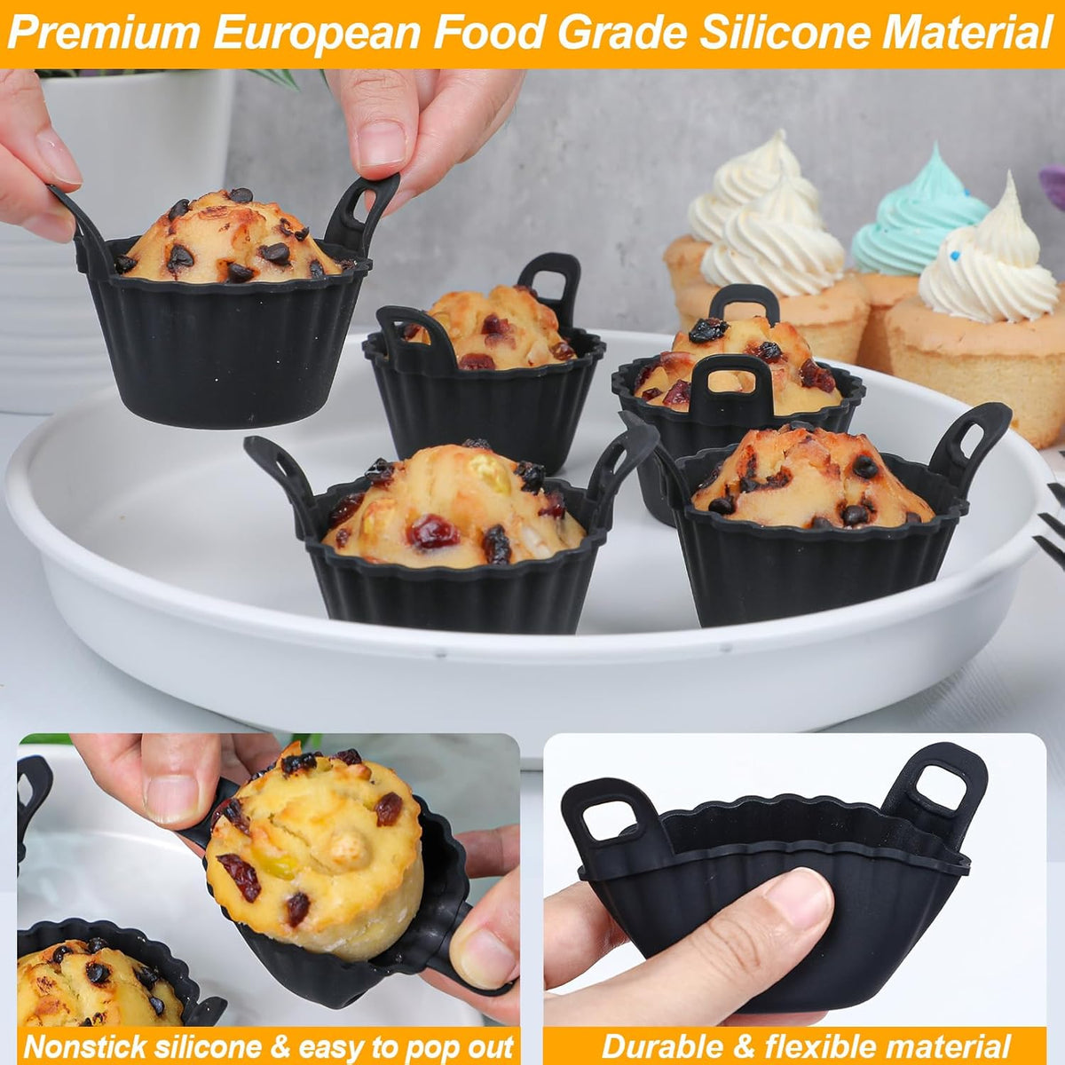 Koluti Reusable Silicone Baking Cups Set of 12, Nonstick Muffin Cupcakes Mold with Double Handle, BPA Free, Mini Round Air Fryer Cupcake Liners, Black