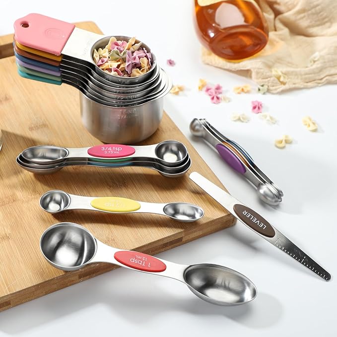Magnetic Measuring Cups and Spoons Set of 16 Stainless Stee Stackable Nesting 7pcs Measuring Cups 9pcs Measuring Spoons for Dry and Liquid Ingredients