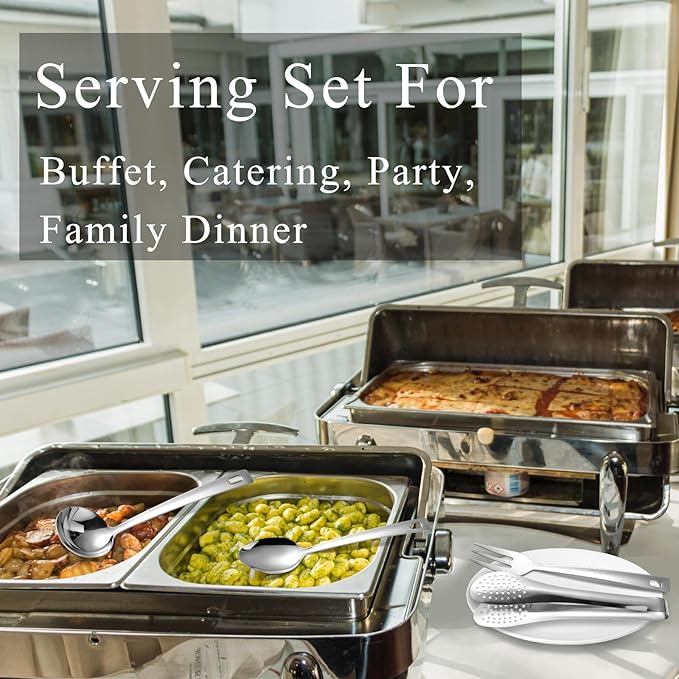 6 PCS Stainless Steel Serving Utensils, 10 Inch Serving Spoons for Buffet Large Hosting Metal Spoons, Silverware Set Tongs for Serving Food Parties Catering
