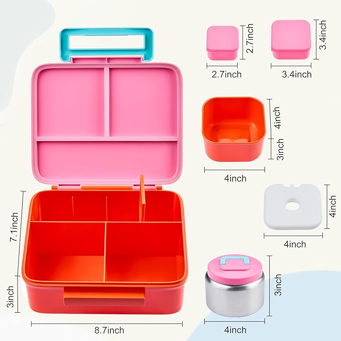 Bento Lunch Box for Kids with 8oz Soup Thermo Leak-Proof Lunch Food Containers with Snack Sauce Container for Kid Girls Boys to School,Pink