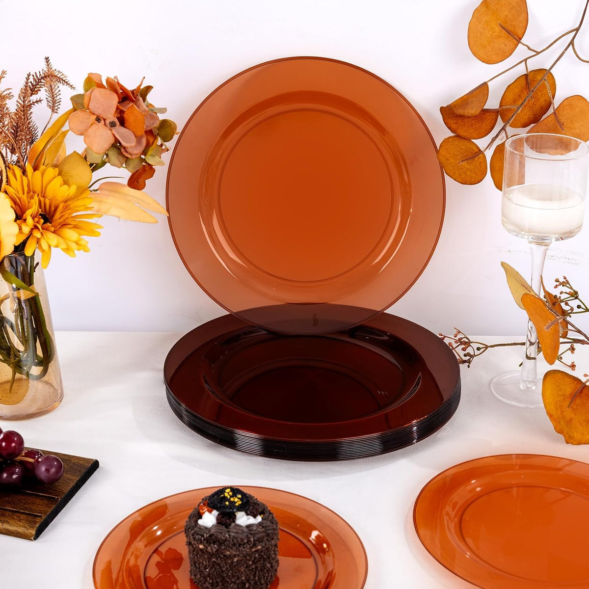 I00000 102 Pcs Clear Brown Plastic Plates - Elegant Disposable Plastic Party Plates Include 51 Dinner Plate 10’’ and 51 Dessert Plate 7’’ Perfect for Birthday, Party & Wedding