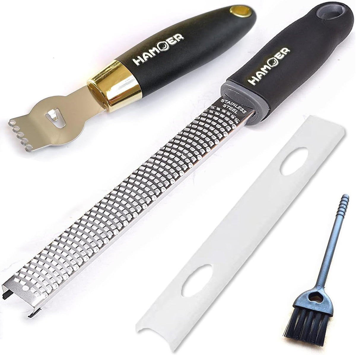 Zester Grater & Channel Knife Kitchen Bar Tool Set for Parmesan Cheese Lemon Garlic Nutmeg Chocolate Citrus Cucumber Radish Ginger Crushed Scraping Rubber Ergonomic Curved Handle Black